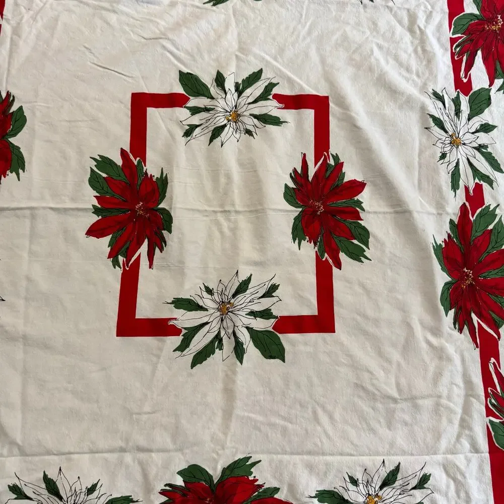 Vintage Vera Neumann Small Christmas Tablecloth Poinsettias 48x53